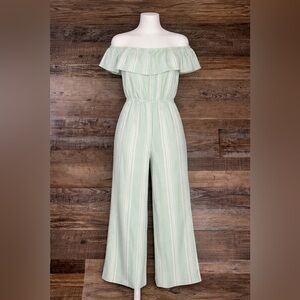 Girls Size 10 Mint Green Stripe Off Shoulder Ruffle Jumpsuit Wide Leg Romper